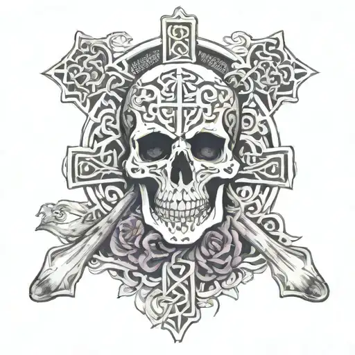 celtic cross with skull broken into two parts - top part is life day of the dead mask and bottom half is grim reaper  tattoo design idea