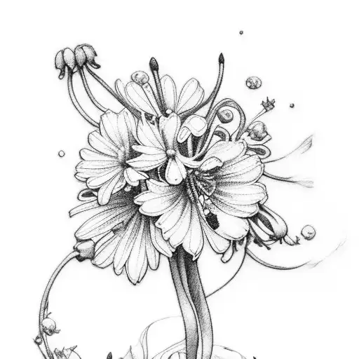 A post stamp with a bouquet of crysanthemums, lily of the valley, daffodils and cosmos flowers tattoo design idea