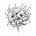 A post stamp with a bouquet of crysanthemums, lily of the valley, daffodils and cosmos flowers tattoo design idea
