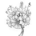 A post stamp with a bouquet of crysanthemums, lily of the valley, daffodils and cosmos flowers tattoo design idea