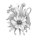 A post stamp with a bouquet of crysanthemums, lily of the valley, daffodils and cosmos flowers tattoo design idea
