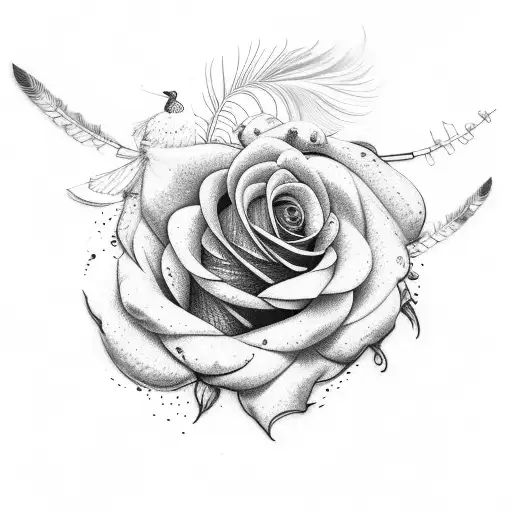 rose with peacock feather and olive branch tattoo design idea
