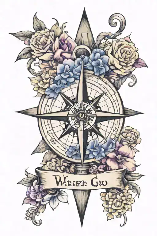 Compass with a bell and a merigold flower and a violet flower intertwined. With the words "where we go one, we go all"  tattoo design idea