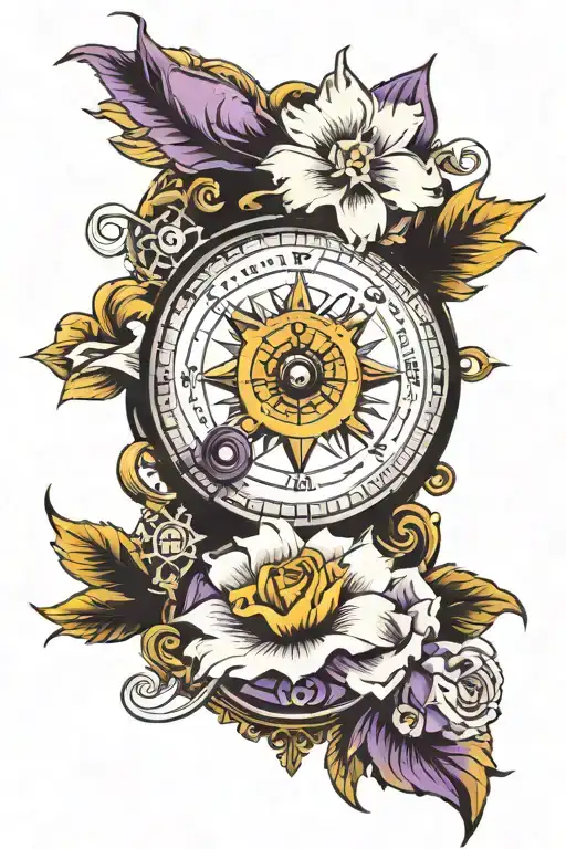 Compass with a bell and a merigold flower and a violet flower intertwined. With the words "where we go one, we go all"  tattoo design idea