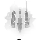 A futuristic cityscape with a rock band performing on top of a skyscraper tattoo design idea