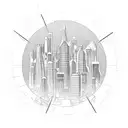 A futuristic cityscape with a rock band performing on top of a skyscraper tattoo design idea