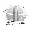 A futuristic cityscape with a rock band performing on top of a skyscraper tattoo design idea