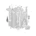 A futuristic cityscape with a rock band performing on top of a skyscraper tattoo design idea