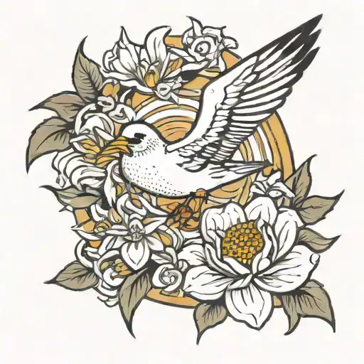 Seagull anchovy flower sun tattoo design idea
