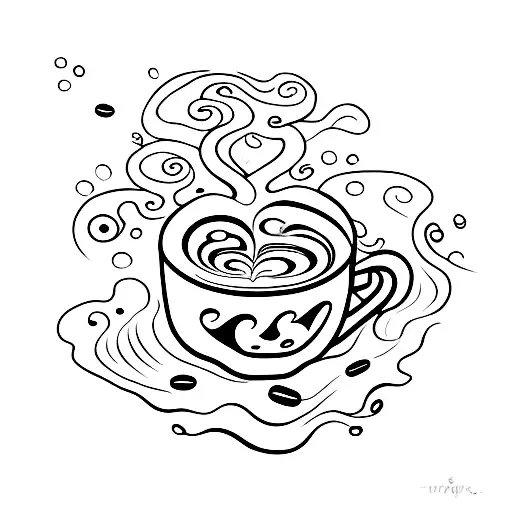 A coffee cup morphing into a river flowing into the sea, symbolizing the client's love for coffee and nature tattoo design idea