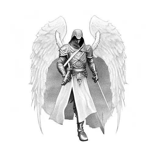 male angel with hood and wings and sword and clouds and sun tattoo design idea