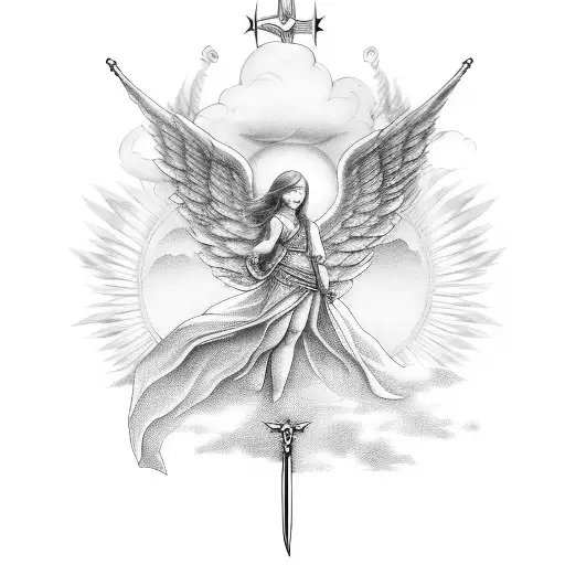 Angel with wings and sword and clouds and sun tattoo design idea