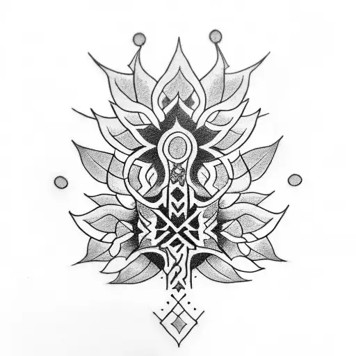 A dotwork tattoo of a tribal-inspired plant with religious symbols hidden within its leaves tattoo design idea