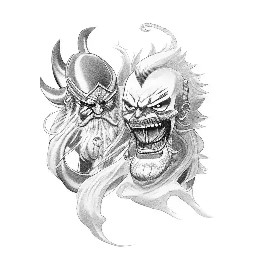 A black-grey tattoo depicting the epic battle between Whitebeard and Admiral Akainu tattoo design idea