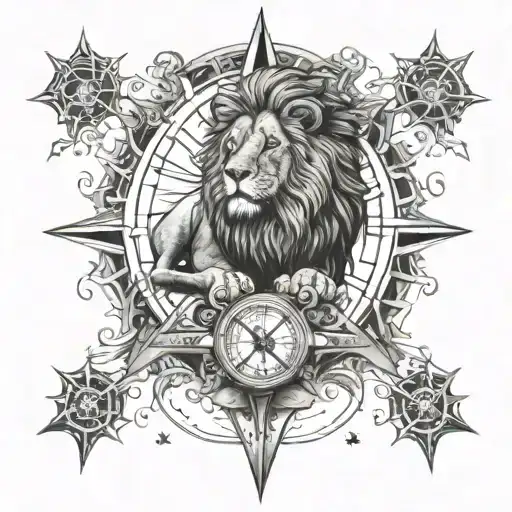 Lion surrounded by compass surrounded by various tattoo design idea