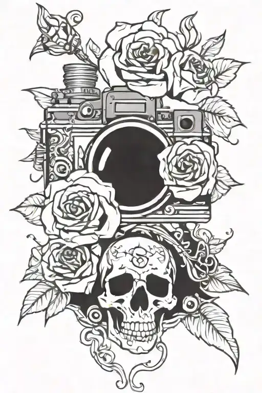 camera, rose and skull tattoo design idea