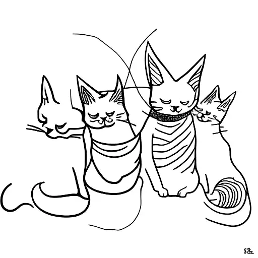 tattoo of 6 cats, but just the outline, and all of them in a single line tattoo design idea