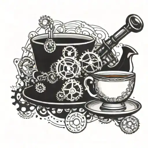 A steaming cup of tea with intricate engineering gears and tools intertwined in the design tattoo design idea