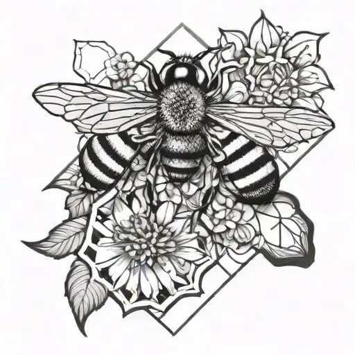 flower and bee honeycomb surrounded tattoo design idea