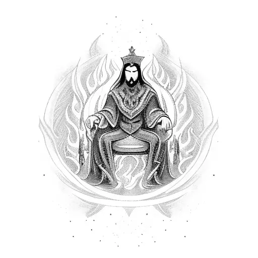 A mystical magician sitting on a throne surrounded by flames tattoo design idea