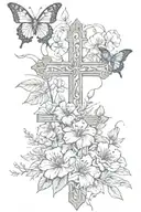 a cross with flowers and one butterfly and psalms 46 5 written on the side tattoo design idea