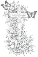 a cross with flowers and one butterfly and psalms 46 5 written on the side tattoo design idea