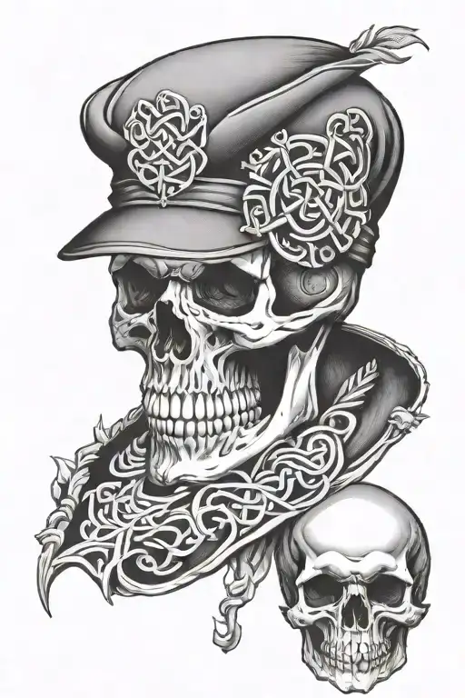 Skull wearing a flat cap with Celtic patterns incorporated tattoo design idea