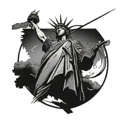 Blackwork "man with gun  And Statue Of Liberty Black" Tattoo Design Idea tattoo design idea
