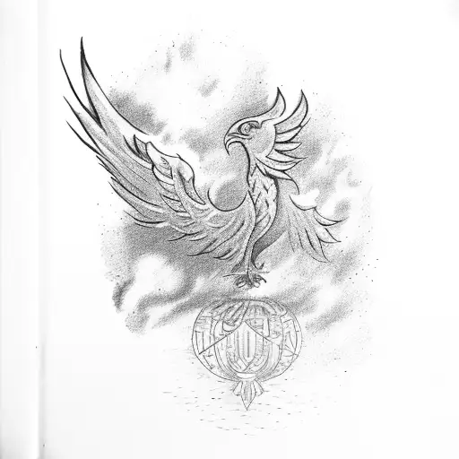 A metal-roofed building with a phoenix rising from the ashes tattoo design idea