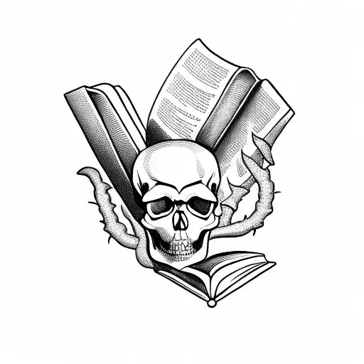 A skull wearing glasses and reading a book in a blackwork style tattoo design idea