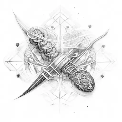 A dotwork tattoo of a DNA strand transforming into a weapon tattoo design idea