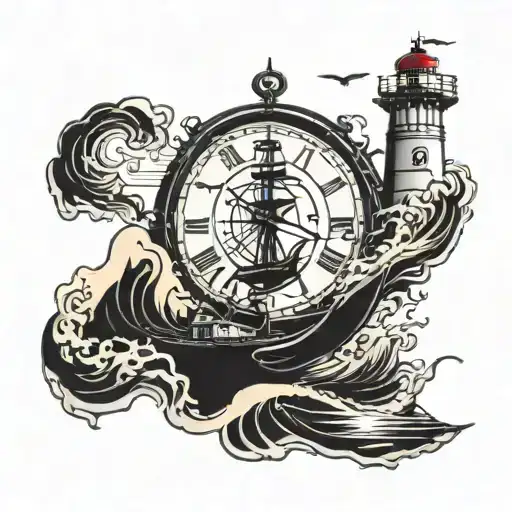 ship in storm, lighthouse, time piece tattoo design idea