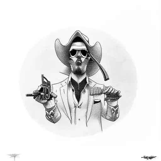 A stylish gangster holding a smoking revolver tattoo design idea