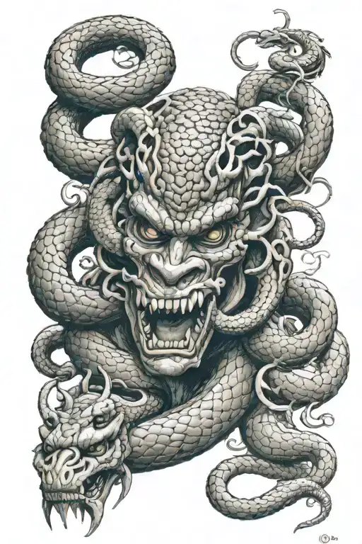 a snake climbs from the wrist to the shoulder and passes through MEDUSA AND ONI MASK tattoo design idea