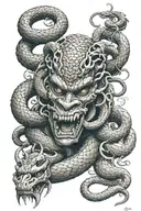 a snake climbs from the wrist to the shoulder and passes through MEDUSA AND ONI MASK tattoo design idea
