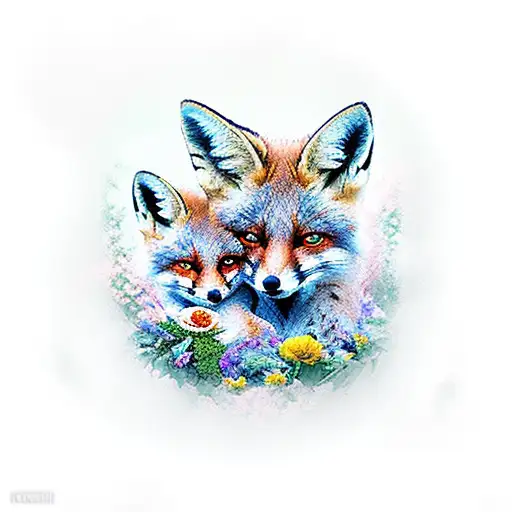 fox and two baby foxes wreathed in flowers tattoo design idea