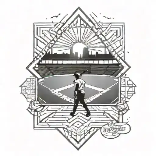 sun rising over a baseball field with a coach and player on it tattoo design idea