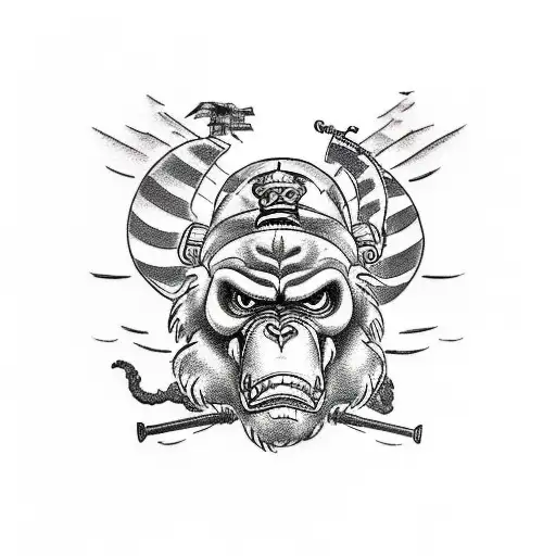 A unique and detailed tattoo design combining elements of motorcycles and King Kong in a sketch style tattoo design idea