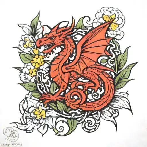 Welsh dragon, still here, daffodils, celtic knott tattoo design idea