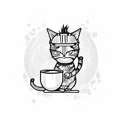 Anime cat warrior with a bowl of ramen as a weapon tattoo design idea