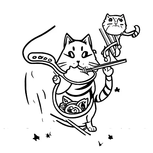 Anime cat warrior with a bowl of ramen as a weapon tattoo design idea