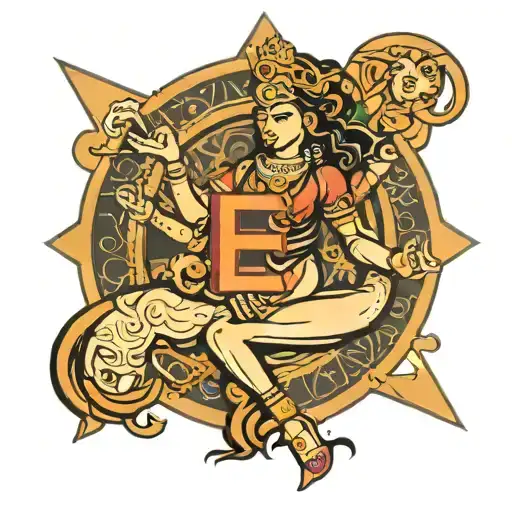 letter E with goddess Durga maa tattoo design idea