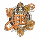 letter E with goddess Durga maa tattoo design idea