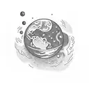 an astronaut sitting on the moon with his foor rooted in the moon and have a glimpse picture of the sun and earth in his tattoo design idea