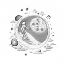 an astronaut sitting on the moon with his foor rooted in the moon and have a glimpse picture of the sun and earth in his tattoo design idea