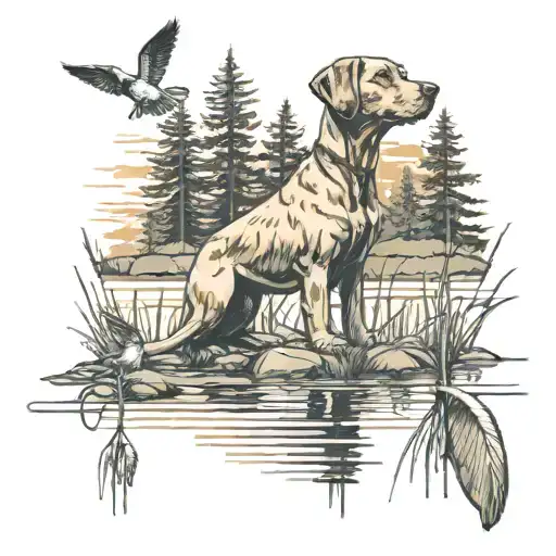 Labrador retriever looking up at mallard ducks landing into pond with trees in backround tattoo design idea