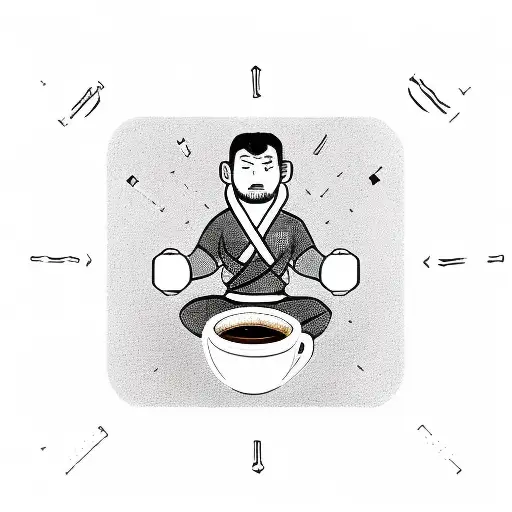A jiu jitsu fighter meditating on a coffee cup, surrounded by sports equipment and a banner that says 'Fuel for the Fight' tattoo design idea