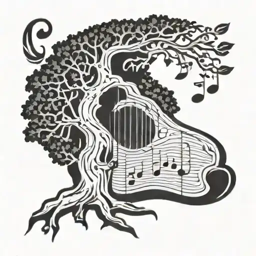 A detailed wood carving design with a tree  musical notes, in blackwork style tattoo design idea