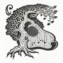 A detailed wood carving design with a tree  musical notes, in blackwork style tattoo design idea
