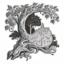 A detailed wood carving design with a tree  musical notes, in blackwork style tattoo design idea